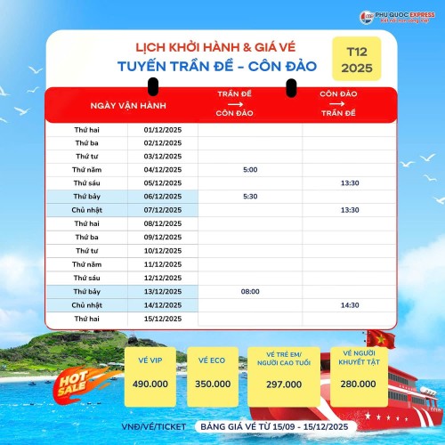 Lịch tàu Trưng Nhị Trần Đề - Côn Đảo 12/2025
