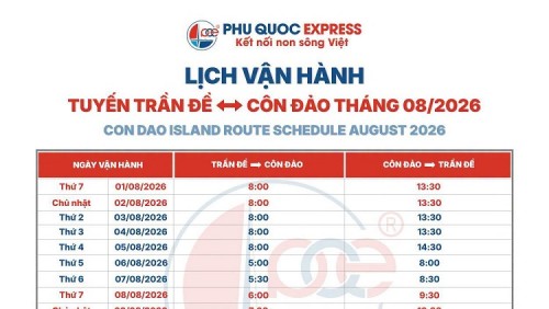 Lịch tàu Trần Đề - Côn Đảo 8/2026