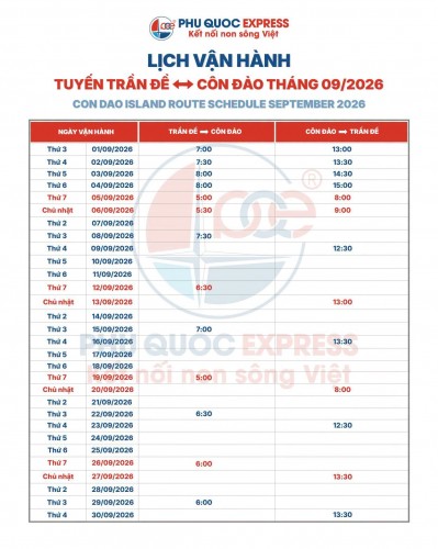 Lịch tàu Trần Đề - Côn Đảo 9/2026: Lịch tàu 2/9 mới nhất