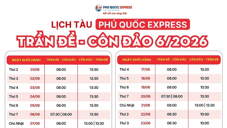 Lịch tàu Trần Đề - Côn Đảo 6/2026 (tàu Trưng Nhị)