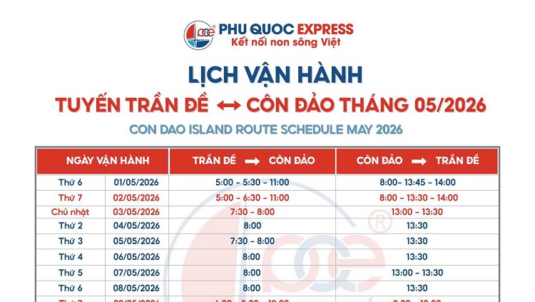 Lịch tàu Trưng Nhị Trần Đề - Côn Đảo 5/2026