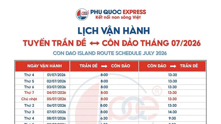 Lịch tàu Trần Đề - Côn Đảo 7/2026
