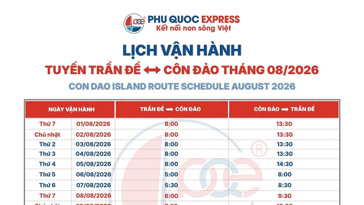 Lịch tàu Trần Đề - Côn Đảo 8/2026