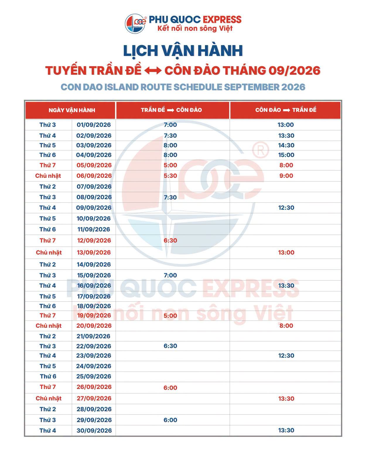 Lịch tàu Trần Đề - Côn Đảo 9/2026: Lịch tàu 2/9 mới nhất